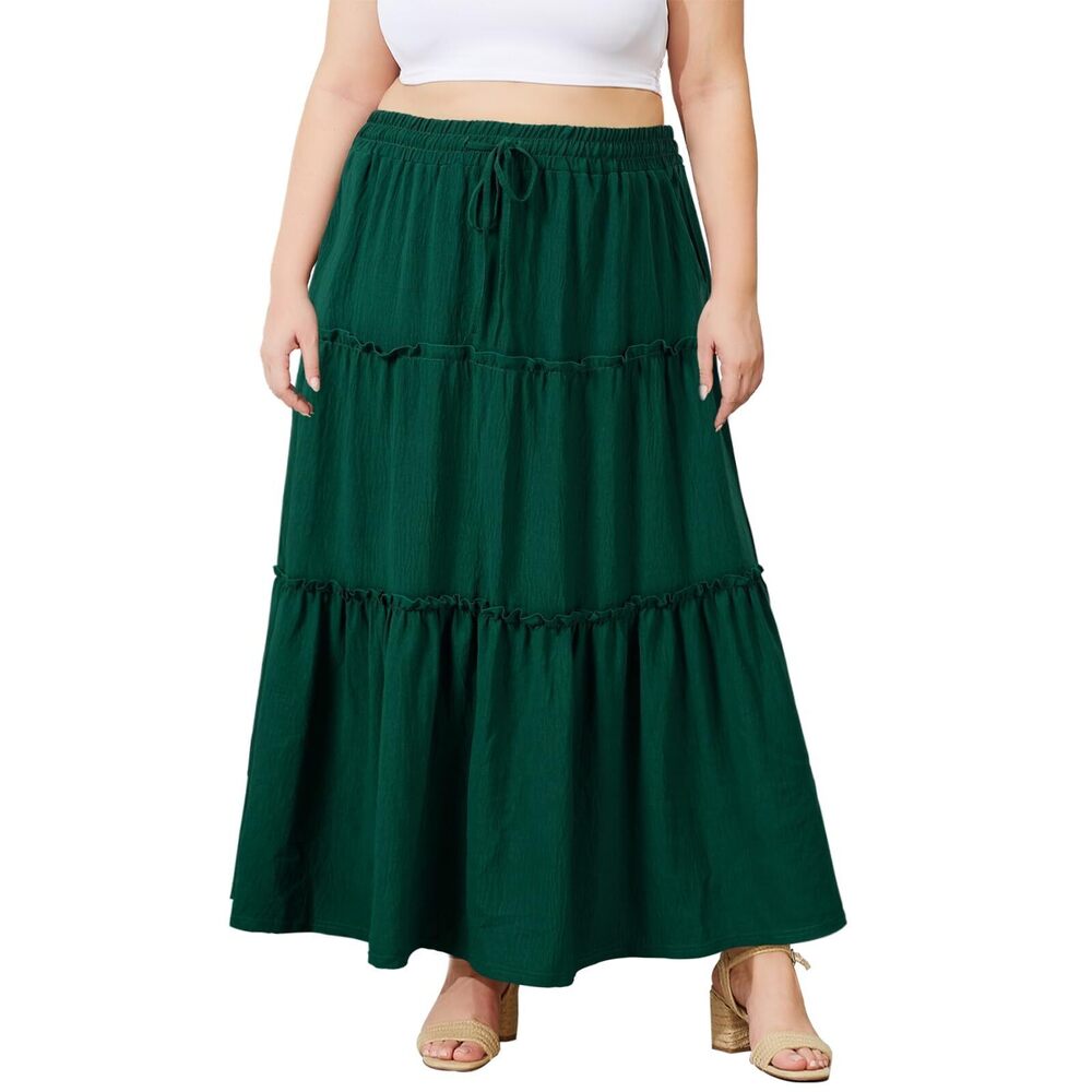 5817 Plus Size Maxi Skirt High Waisted Pleated A Line Flowy Tiered Long